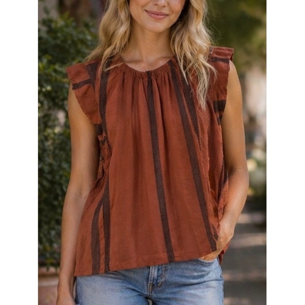 Cloth & Stone Womens Blouse Rust Orange XS Striped Ruffle Sleeve Linen Blend Top